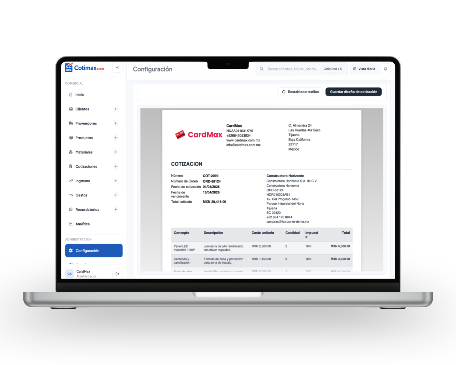 Vista de herramientas financieras de Cotimax